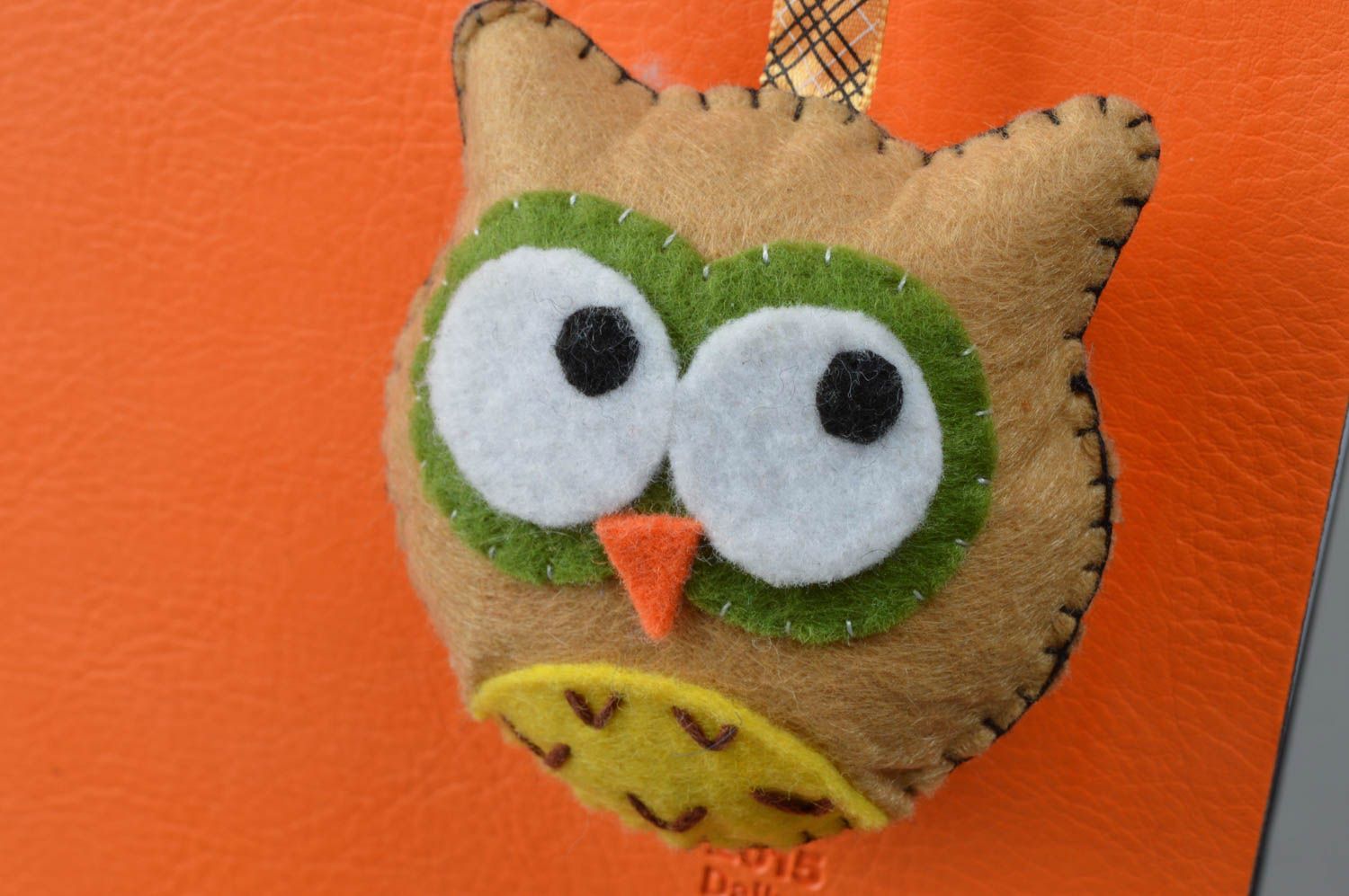 Brown handmade felt fabric soft bookmark in the shape of owl  photo 2
