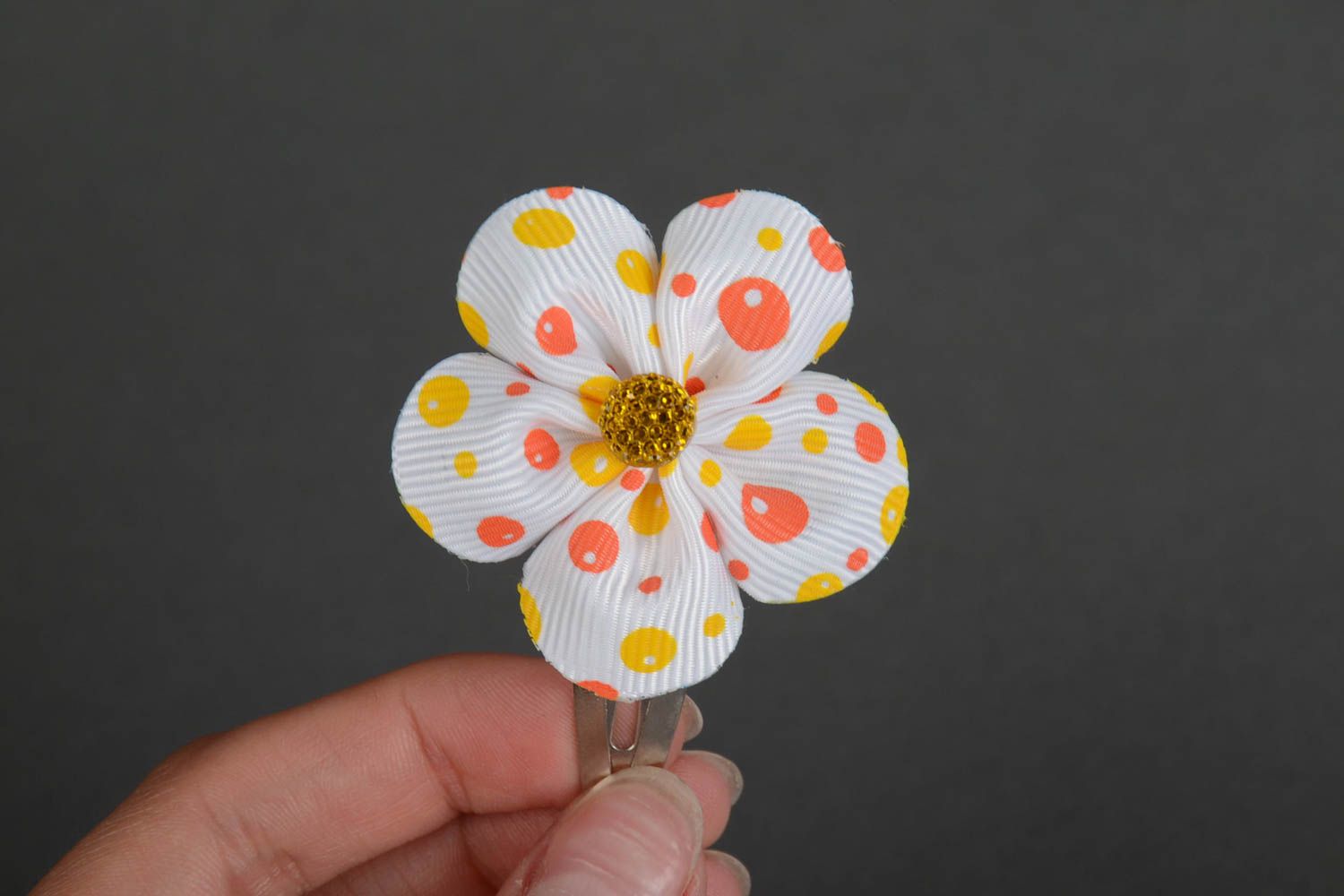 Handmade decorative hair clip with small ribbon flower with rhinestone photo 5