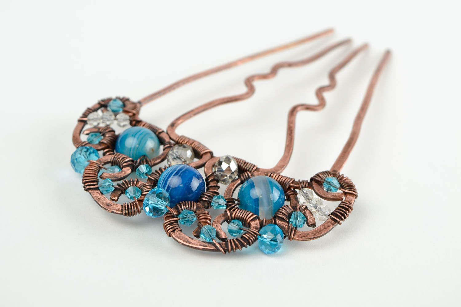 Handmade Haarspange mit Perlen in Blau Kupfer Schmuck Accessoire für Haare foto 5
