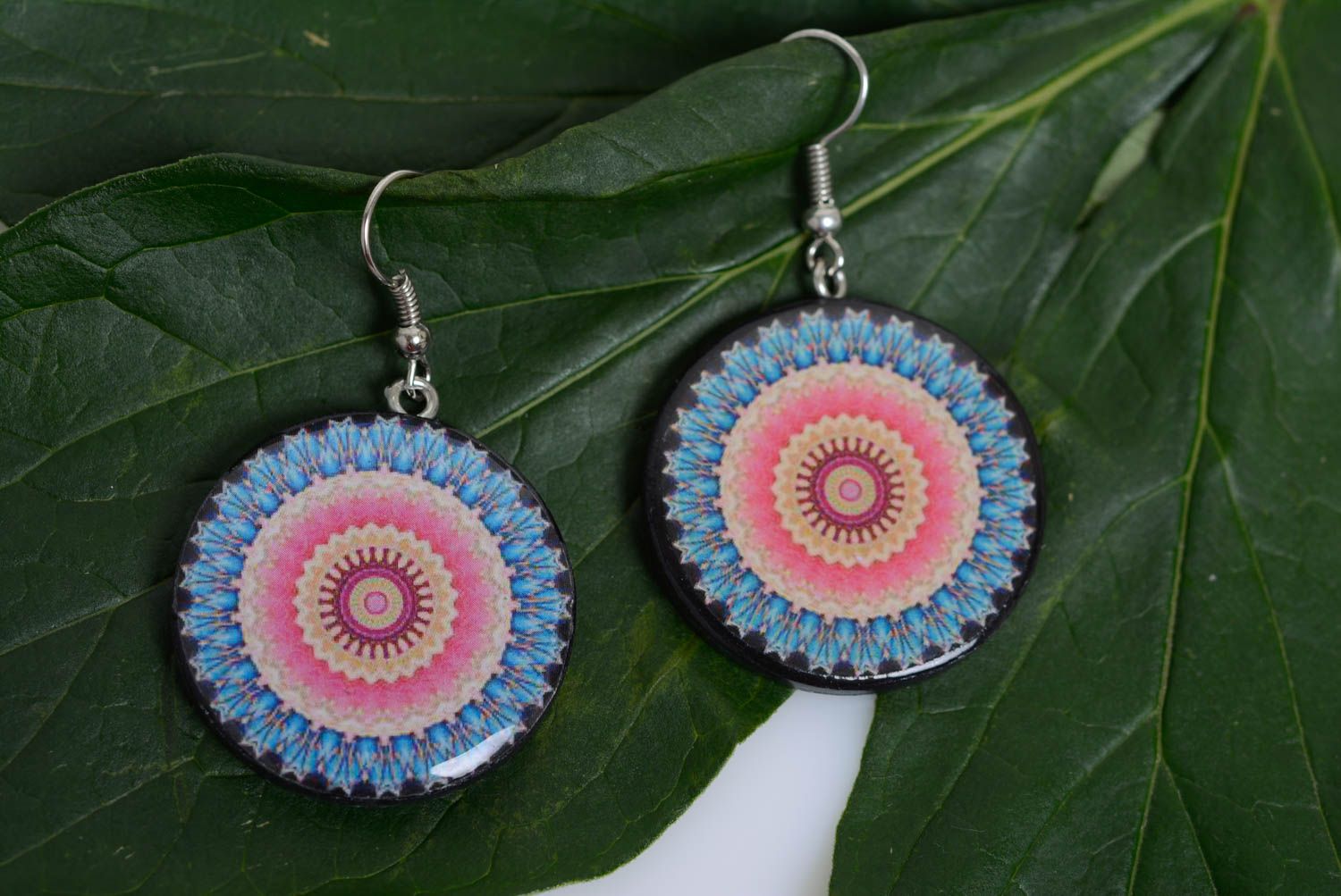 Polymer clay earrings with pattern handmade decoupage designer jewelry photo 1