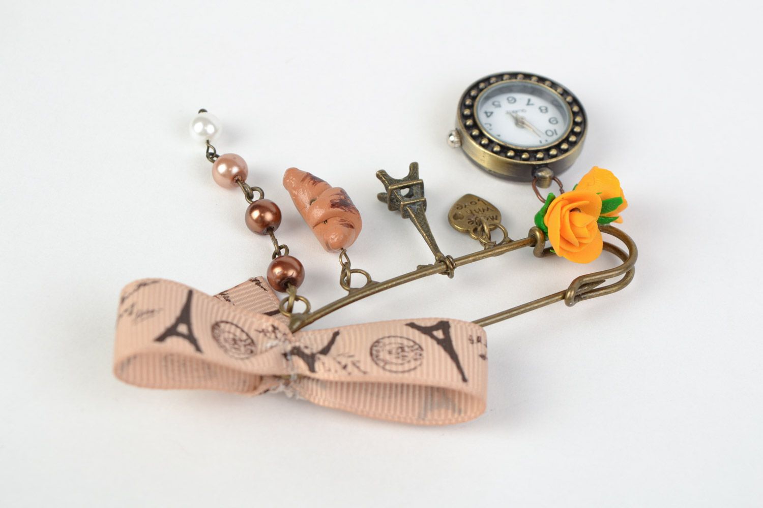 Handmade brooch pin with watch for bag or outfit Paris photo 4