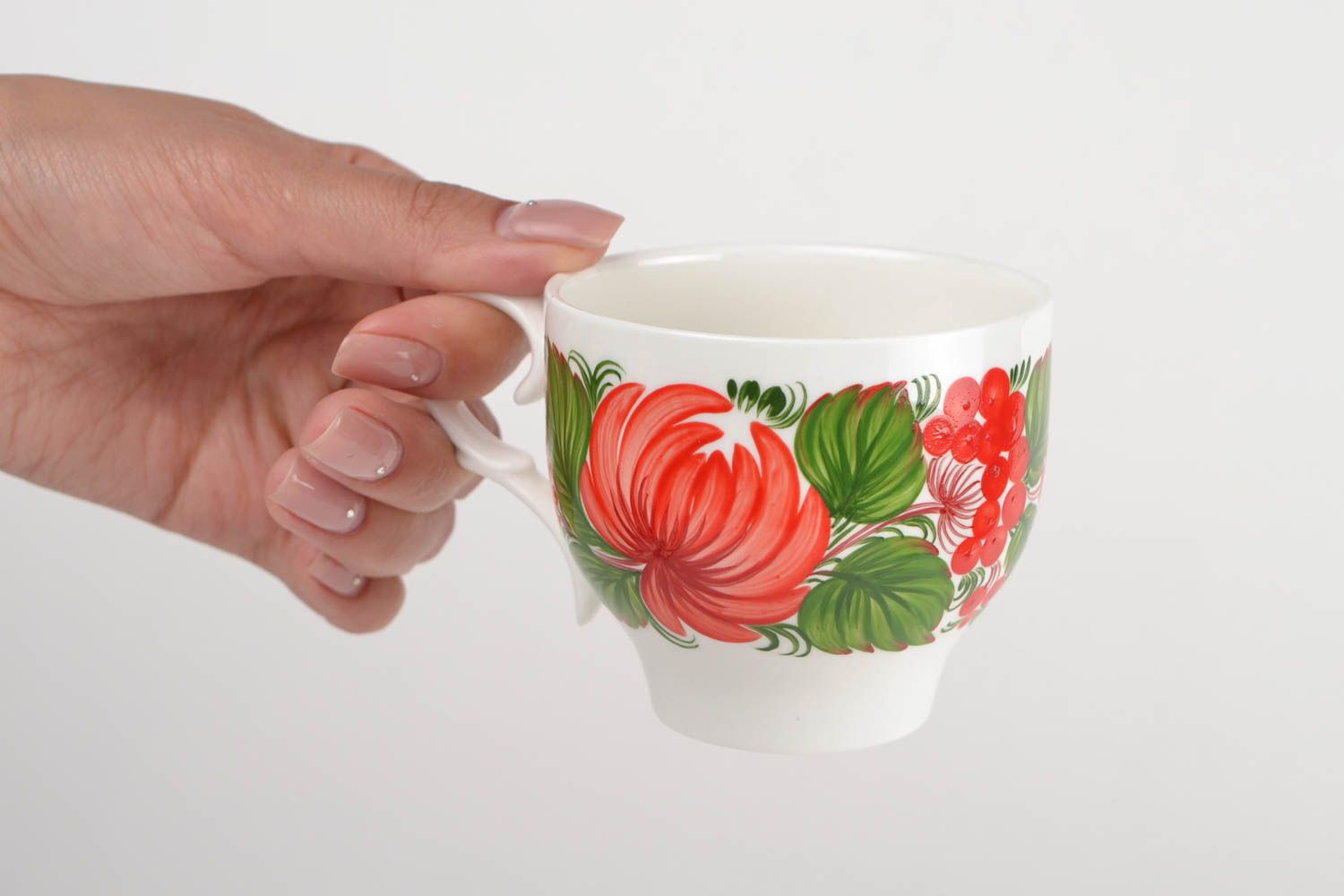 8 oz ceramic porcelain cup in white, red, and green color with handle and Russian style pattern photo 2