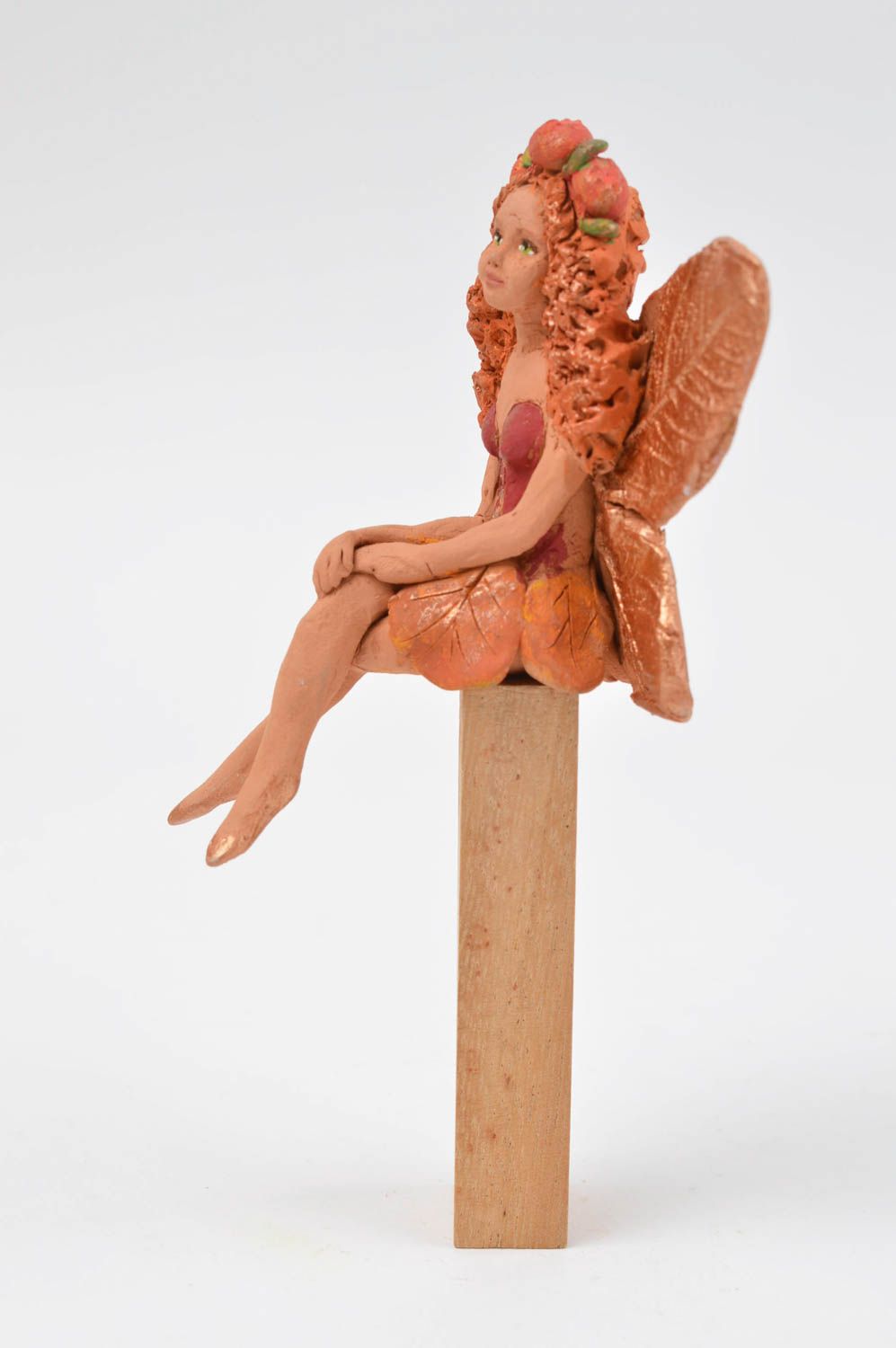 Figurine fée faite main Décoration de pot de fleur argile fille rousse Idée déco photo 2