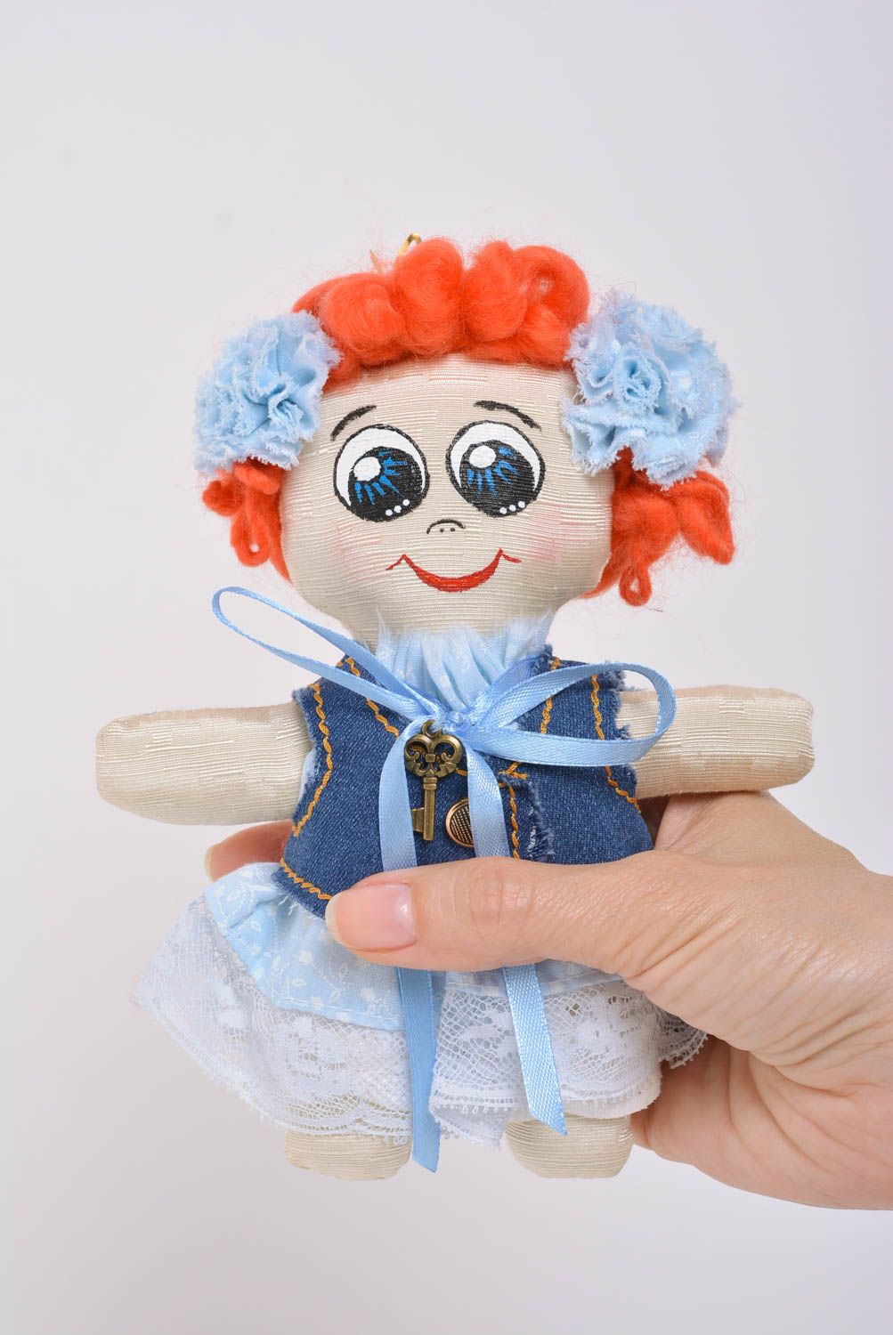 Beautiful funny handmade small fabric soft doll in dress for children photo 4