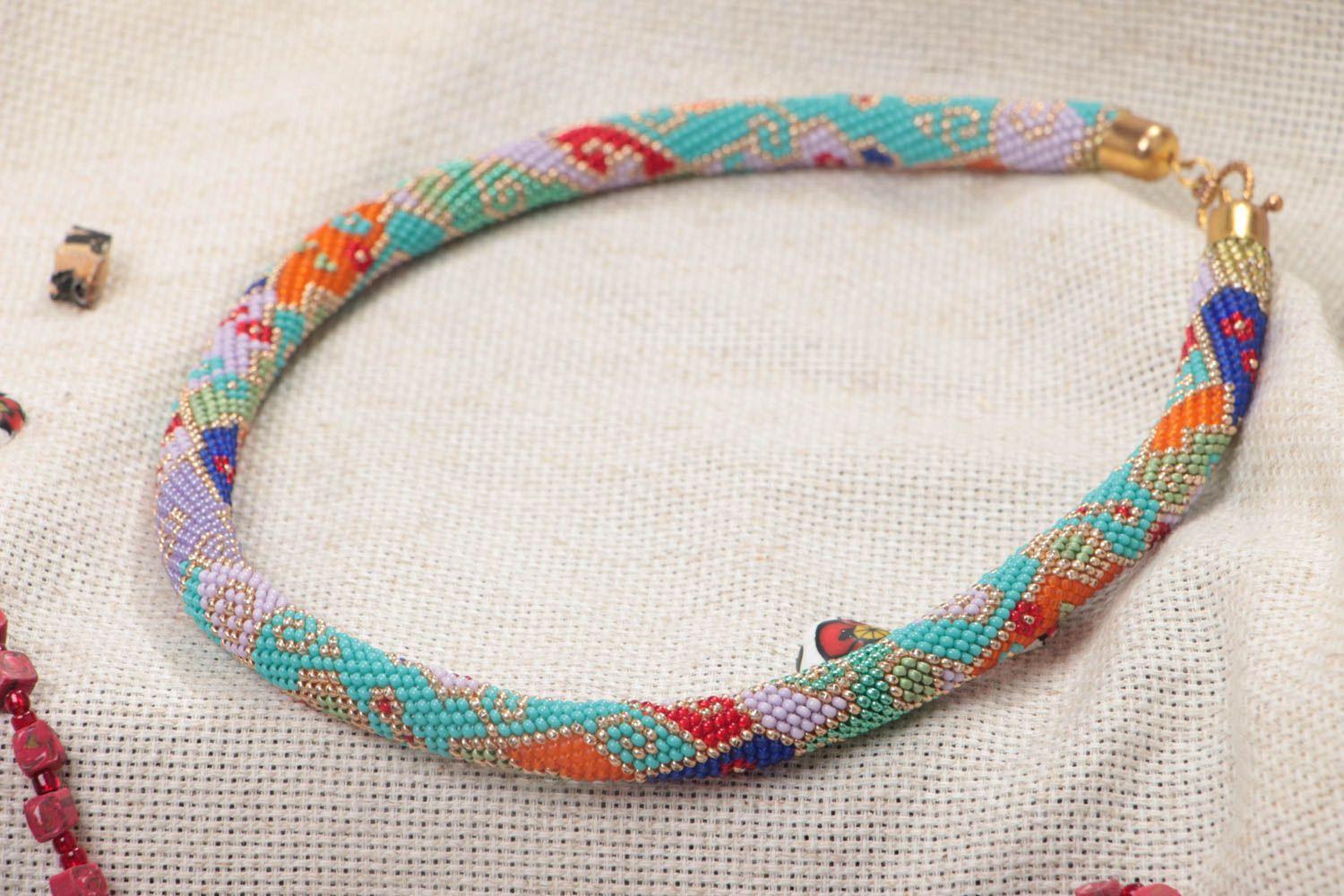 Handmade designer colorful stylish beaded cord necklace with geometric ornament photo 1