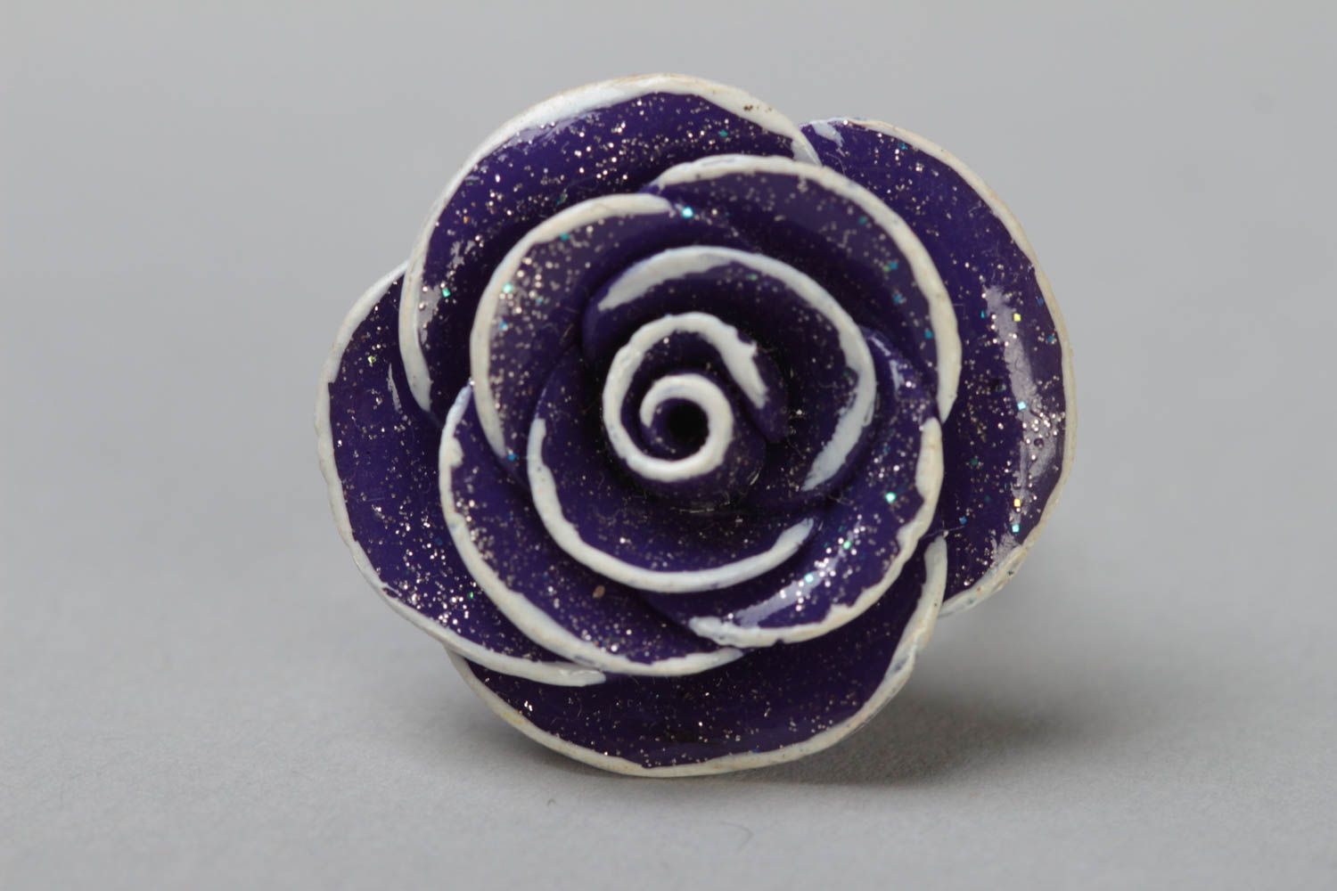 Handmade designer jewelry ring on metal basis with polymer clay violet flower photo 2
