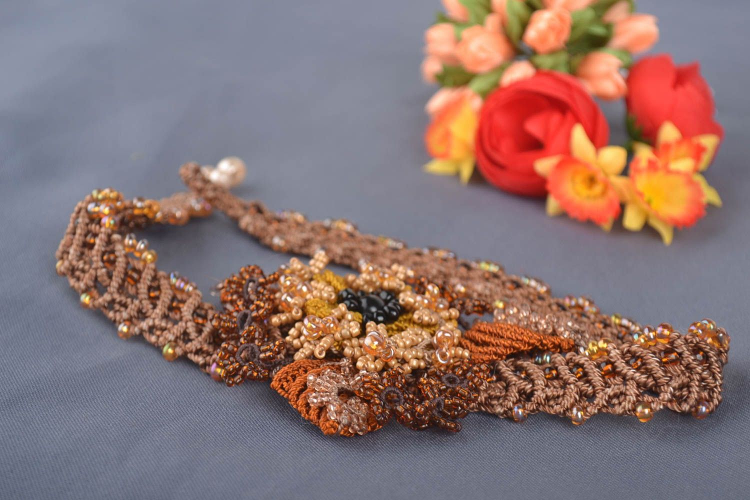 Collier textile Bijou fait main marron fils perles ankars Accessoire femme  photo 1