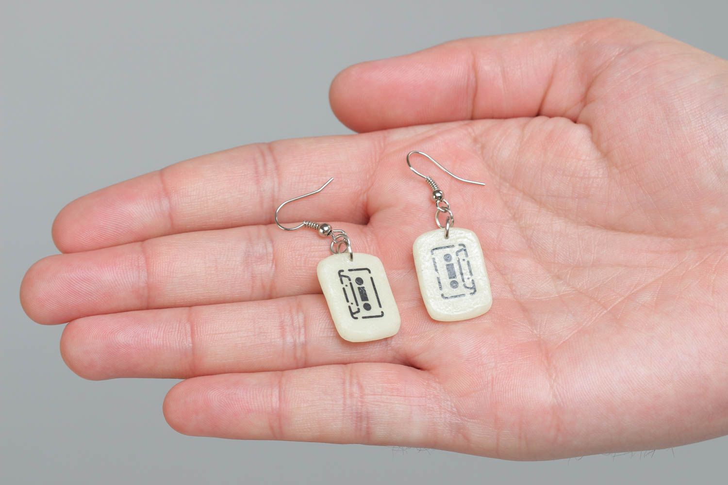 Handmade white earrings made of polymer clay Cassettes designer accessory photo 5