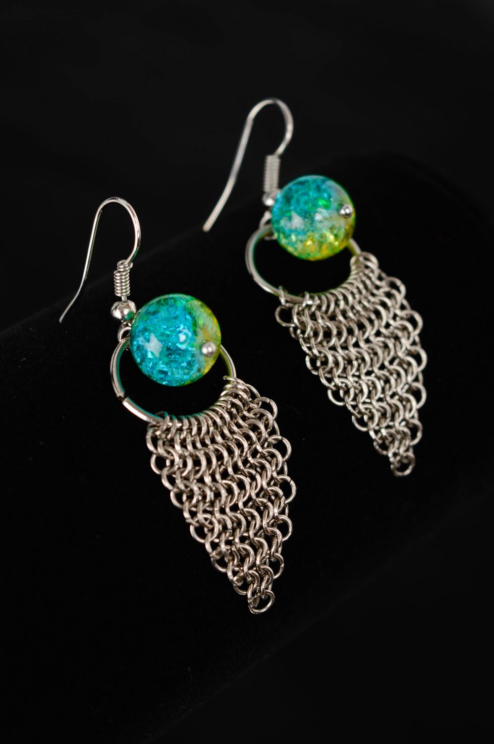 Handmade metal earrings with Czech glass bead photo 1