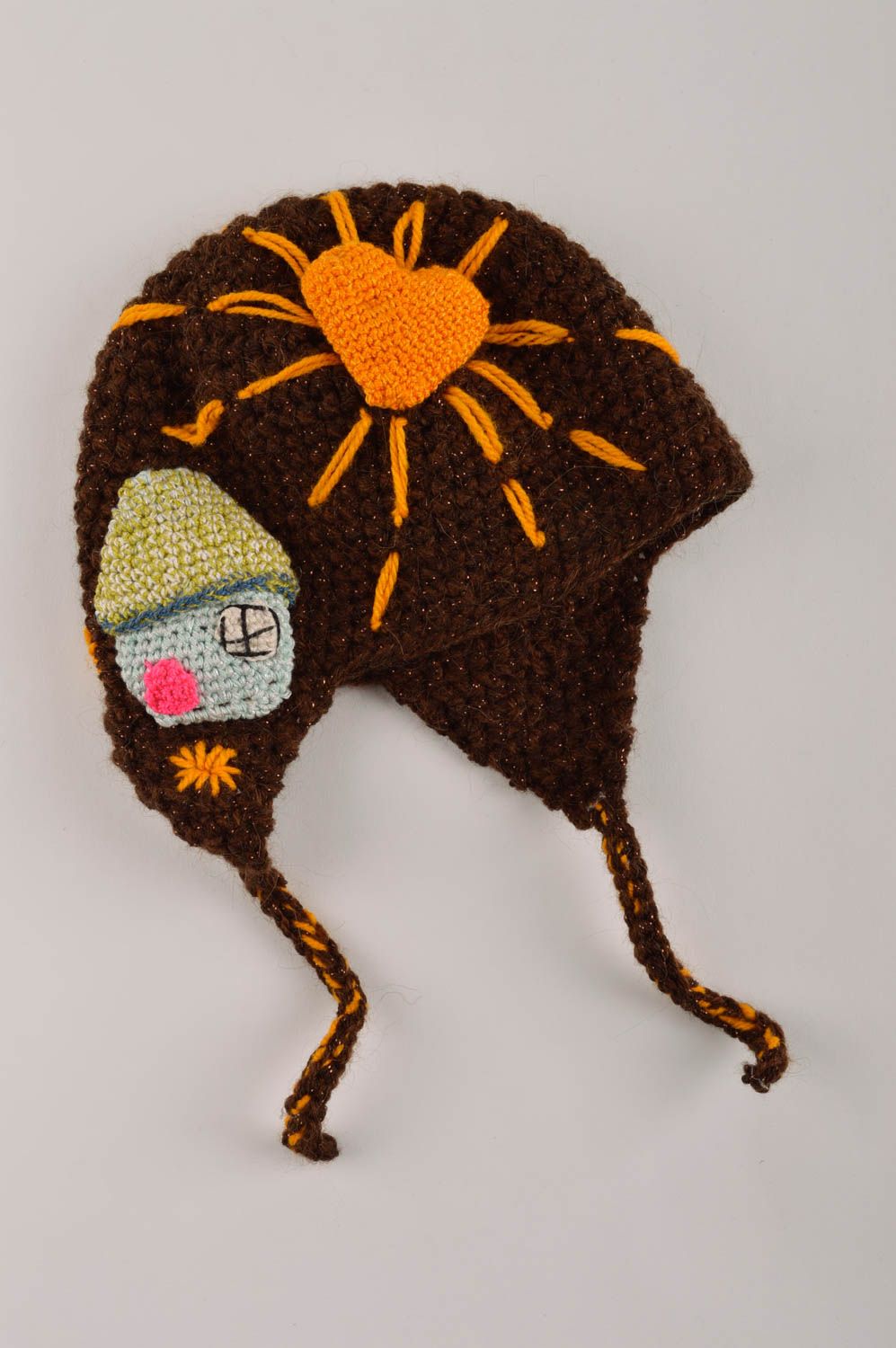 Knitted handmade cap designer brown accessories warm beautiful present photo 2