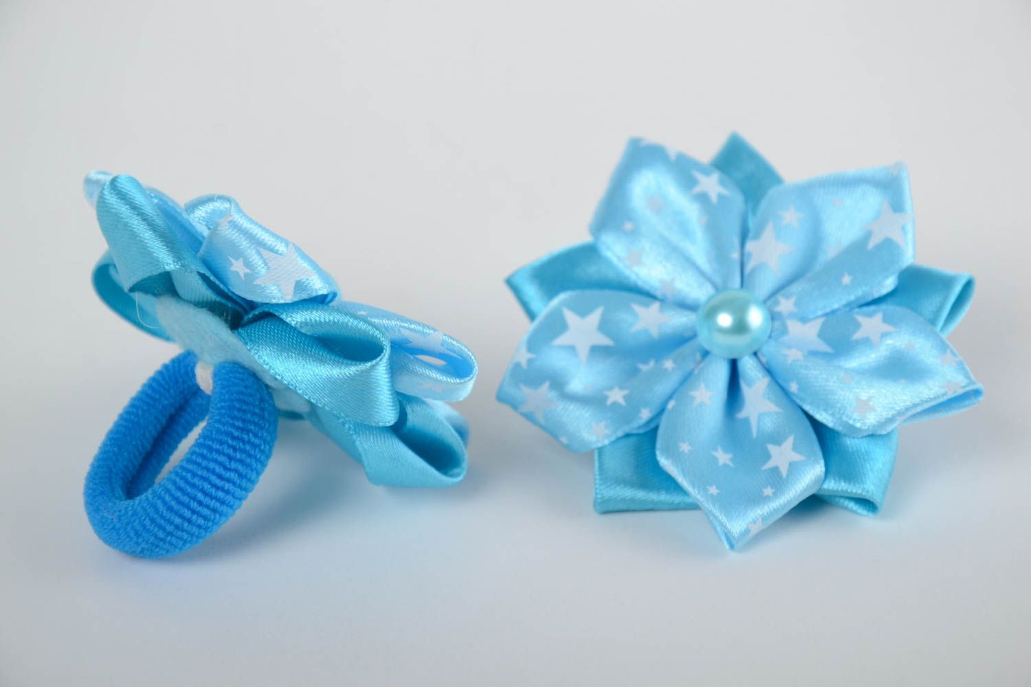 Handmade blue hair ties with flowers of satin ribbons for kids 2 pieces photo 2