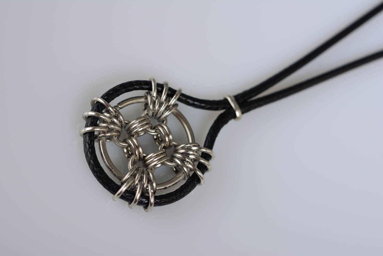 Unusual stylish handmade designer round black metal neck pendant with cord photo 5