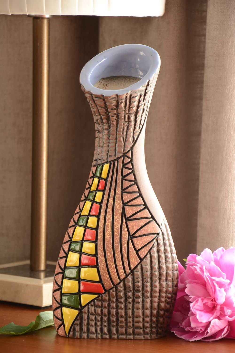 Bunte farbige dekorative Vase aus Ton für Tischdeko 1.8 L künstlerisch handmade foto 1