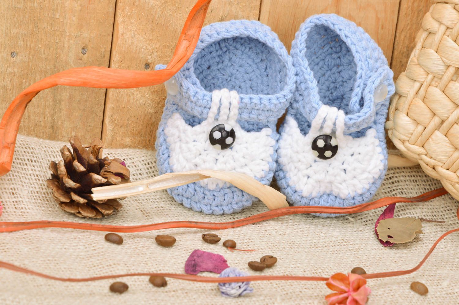 Handmade baby shoes crocheted of cotton and acrylic threads white and blue photo 1