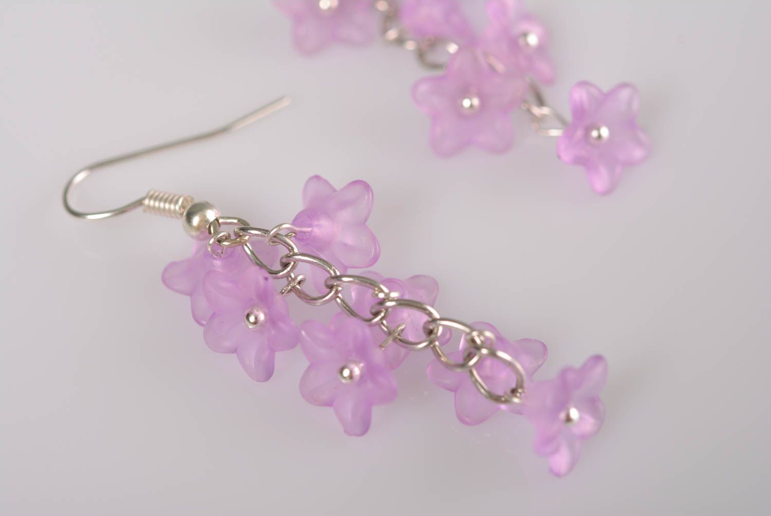 Metal earrings with plastic lilac flowers handmade stylish designer accessory photo 4