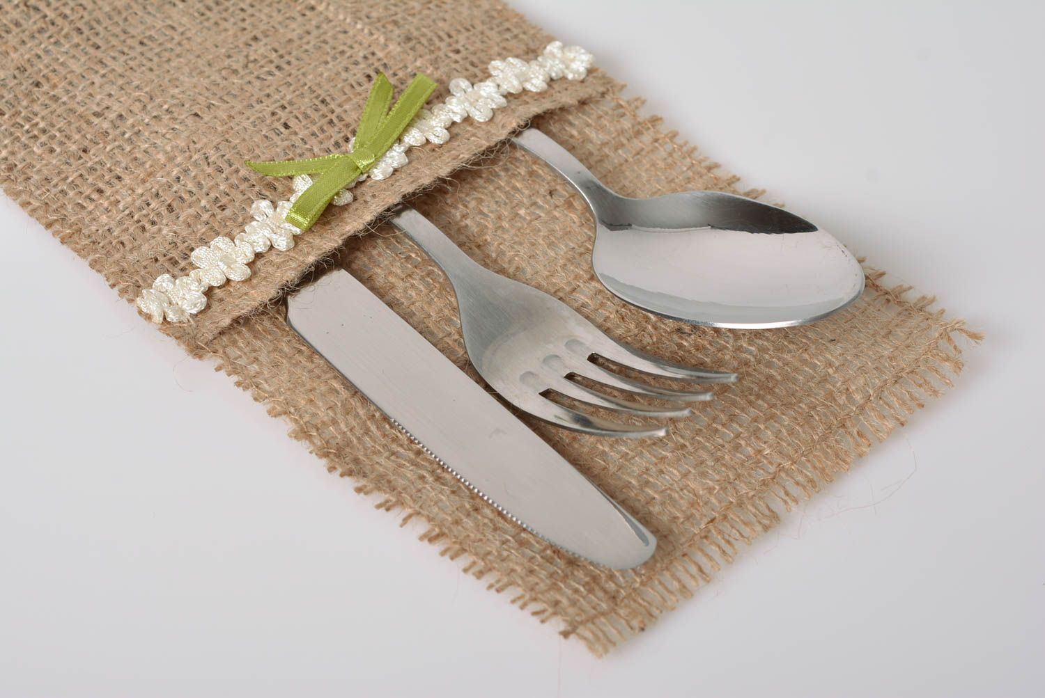 Burlap case for cutlery with lace and bow handmade kitchen and dining room decor photo 2
