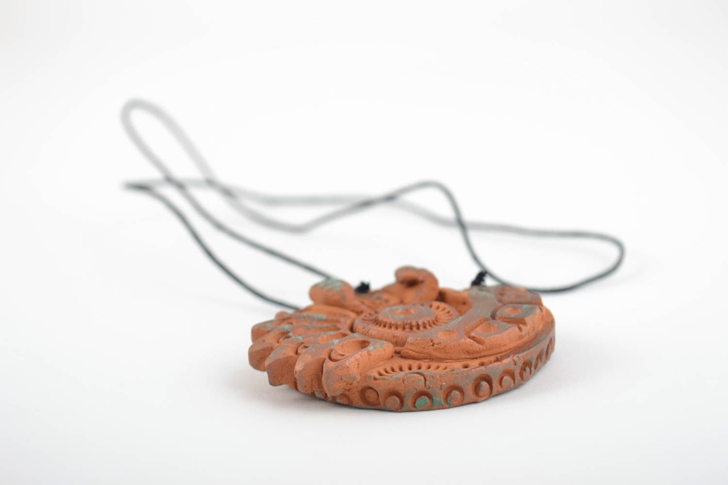 Beautiful round handmade designer brown clay neck pendant on cord photo 5