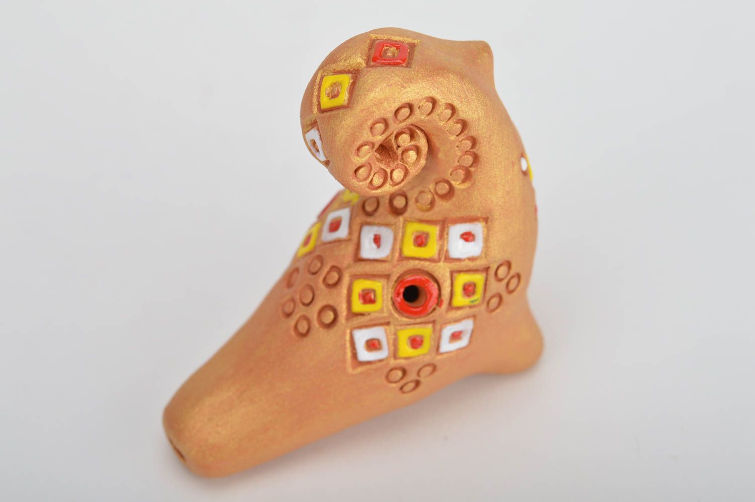 Goldish handmade painted unusual beautiful folk toy whistle made of clay photo 5