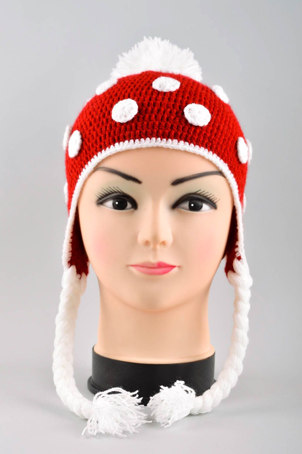 Шапка для девочки зимняя шапка хэнд мейд вязаная шапка красная с белым красивая фото 2