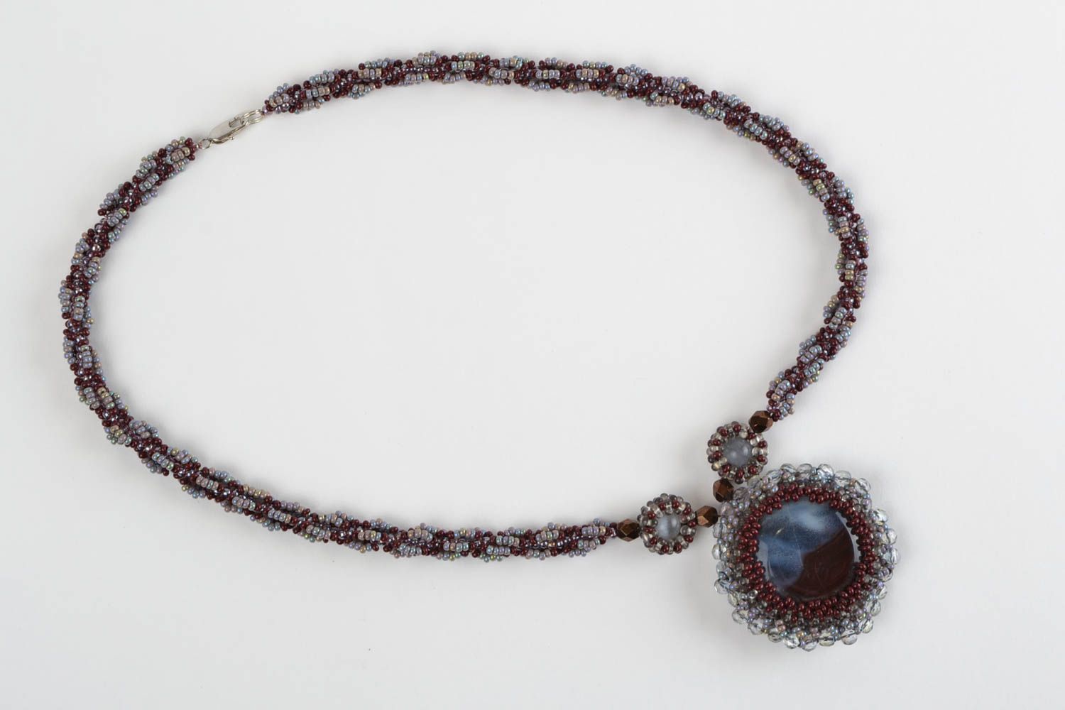 Beaded pendant with natural stones long gray handmade designer accessory photo 2