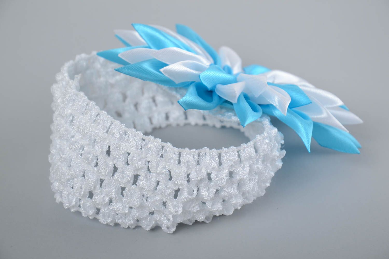 White and blue handmade designer children's kanzashi flower headband photo 2