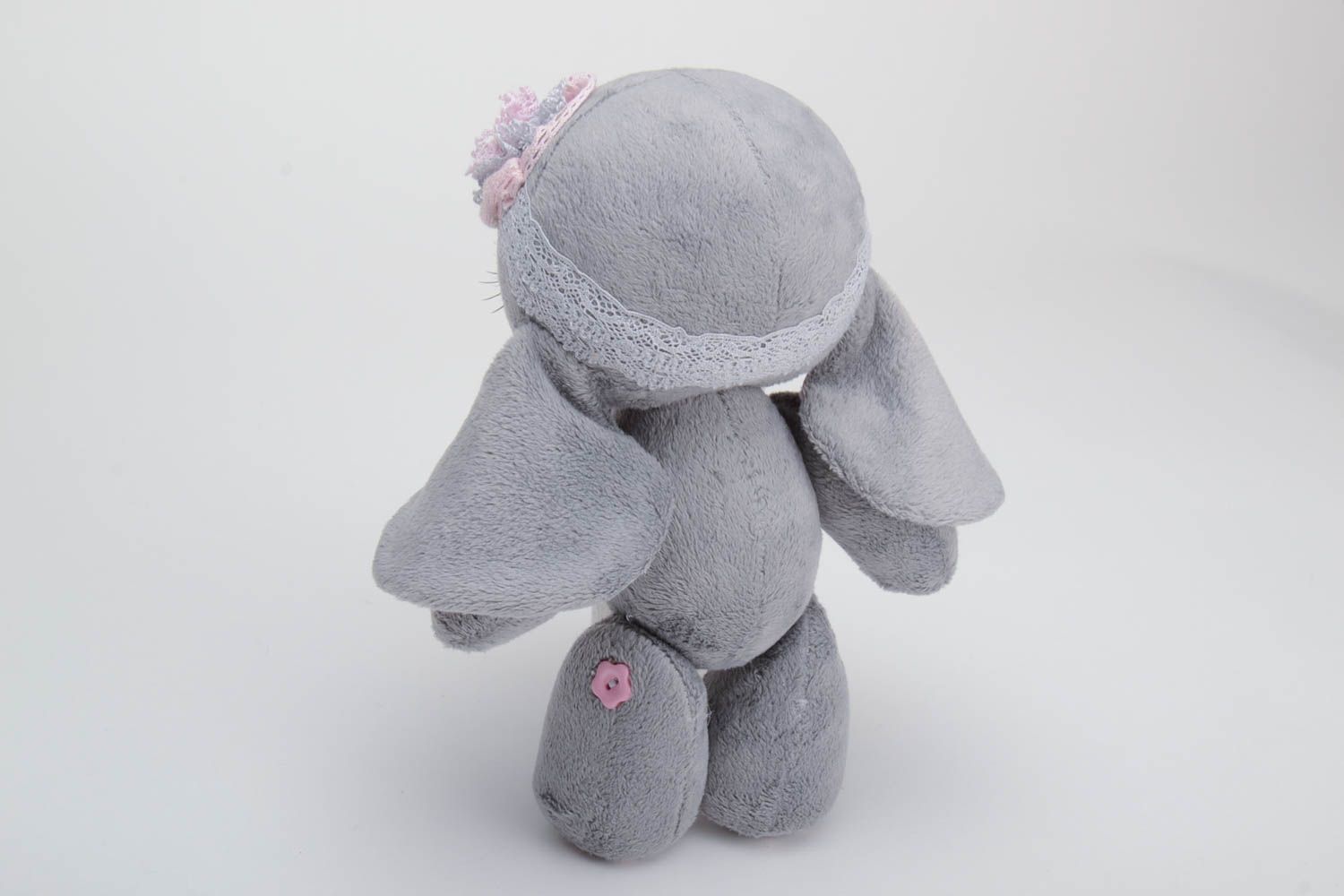 Handmade small cotton fabric soft toy cute gray elephant with lacy headband photo 4