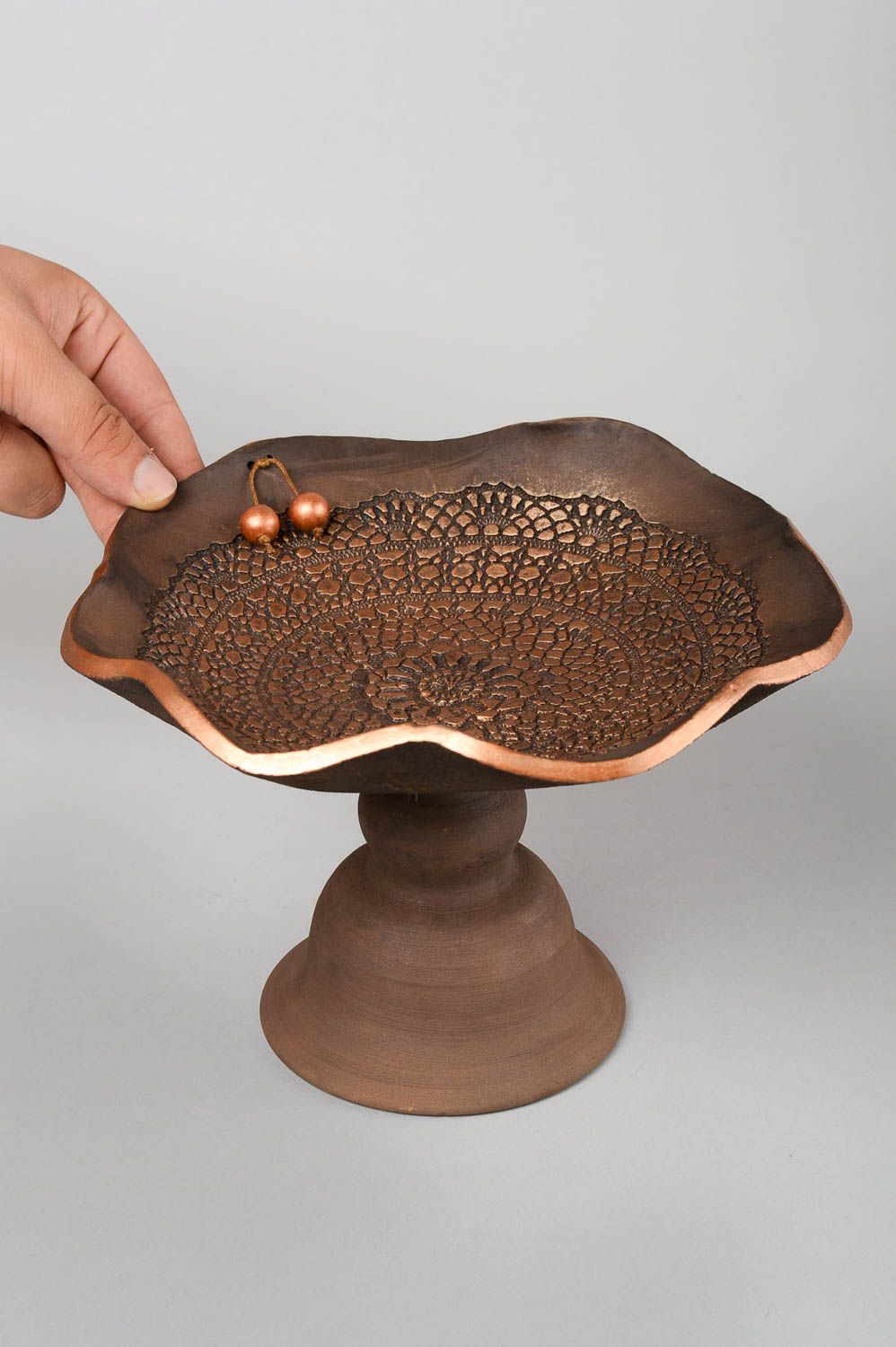 Ceramic handmade brown 6 inches tall fruit centerpiece bowl 1,91 lb photo 5