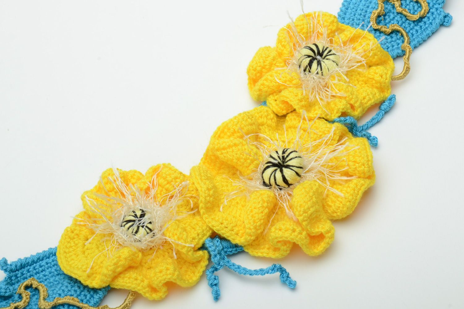 Ceinture tricotée en acrylique et coton avec des fleurs jaunes faite main femme photo 4