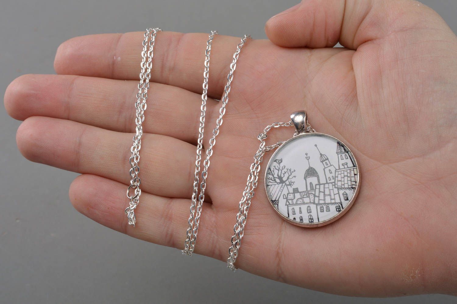 Handmade round decoupage pendant necklace with jewelry resin on metal chain photo 4