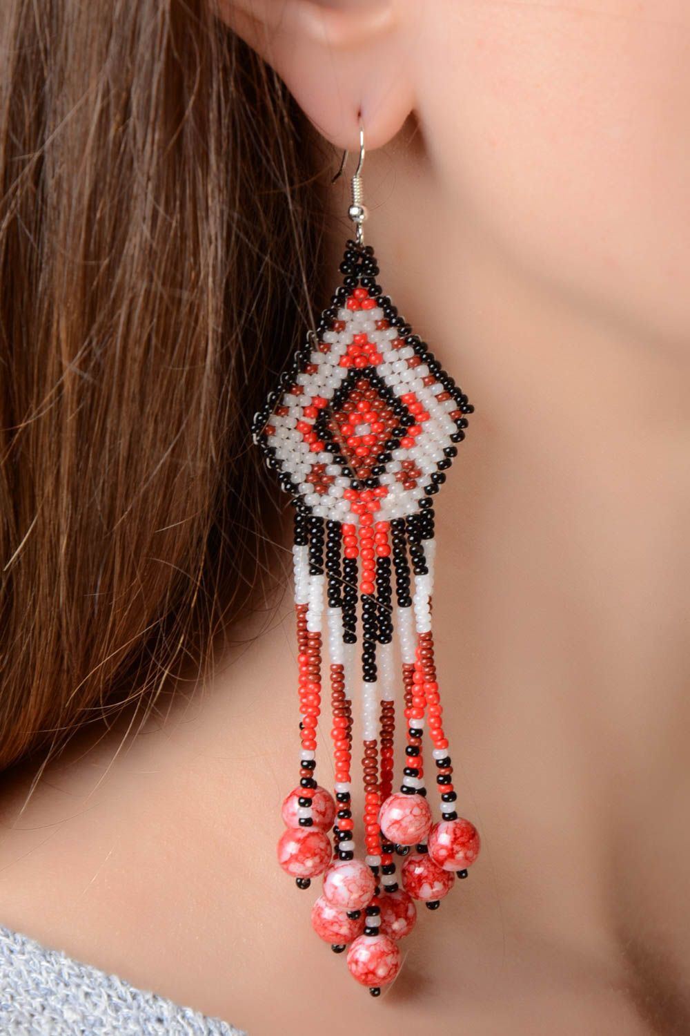 Ethnic handmade designer long earrings with fringe woven of Czech beads photo 1