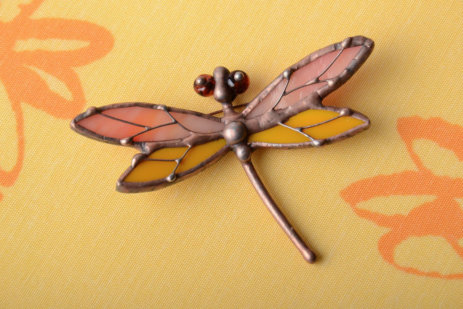 Unusual stained glass brooch in the shape of dragonfly photo 1