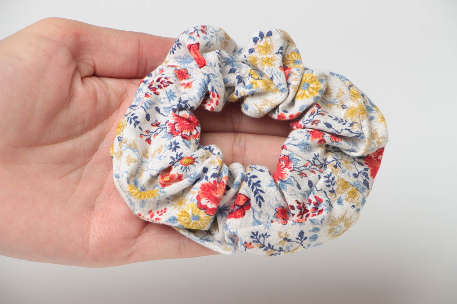 Beautiful light handmade cotton fabric scrunchy with floral print photo 5