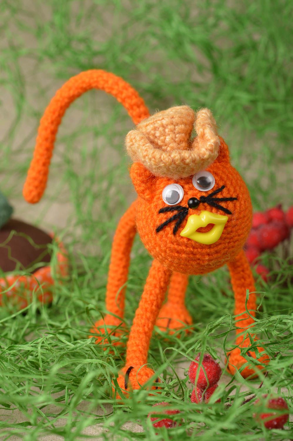 Peluche chat roux faite main Jouet tricot en coton au crochet Cadeau pour enfant photo 1