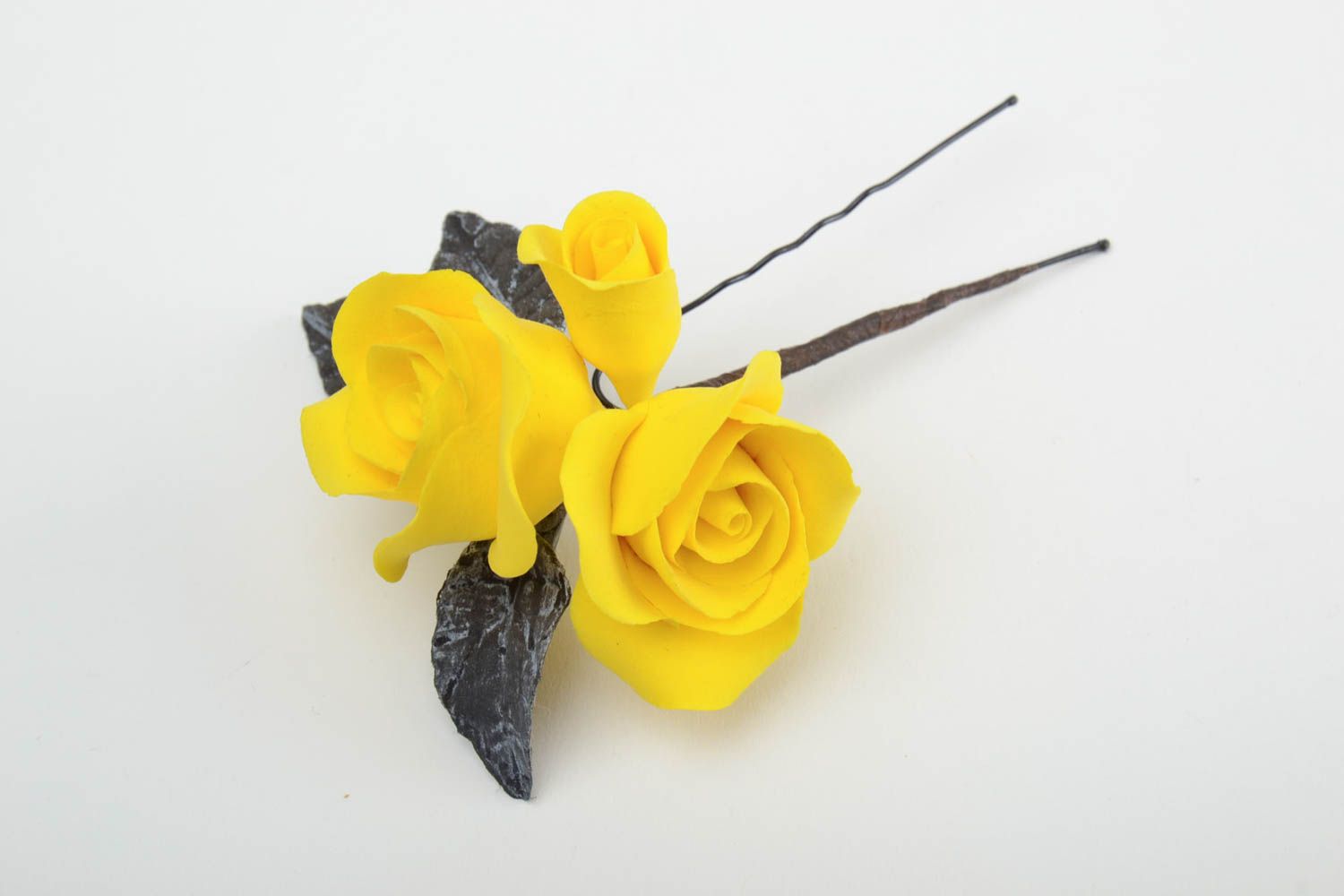Handmade decorative metal hair pin with bright yellow self hardening clay flowers photo 3