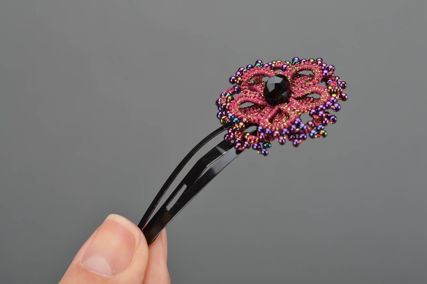 Handmade hair clip made of satin threads and beads using tatting technique photo 3