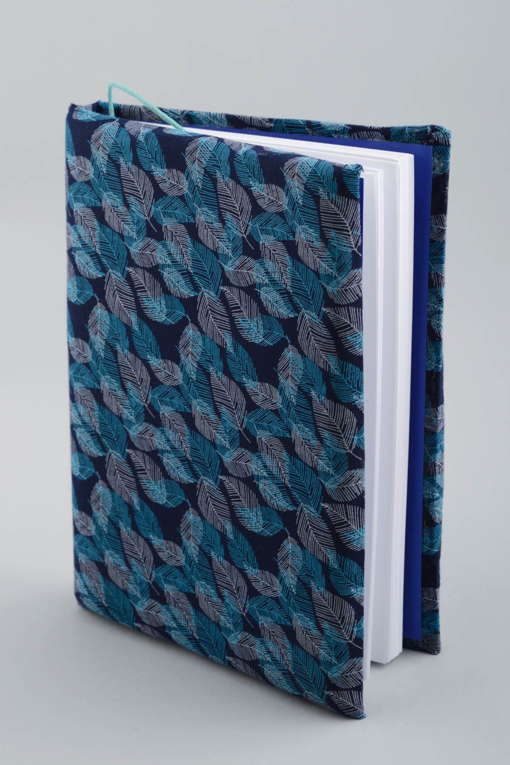 Handmade designer notebook with soft fabric cover with blue floral pattern photo 3