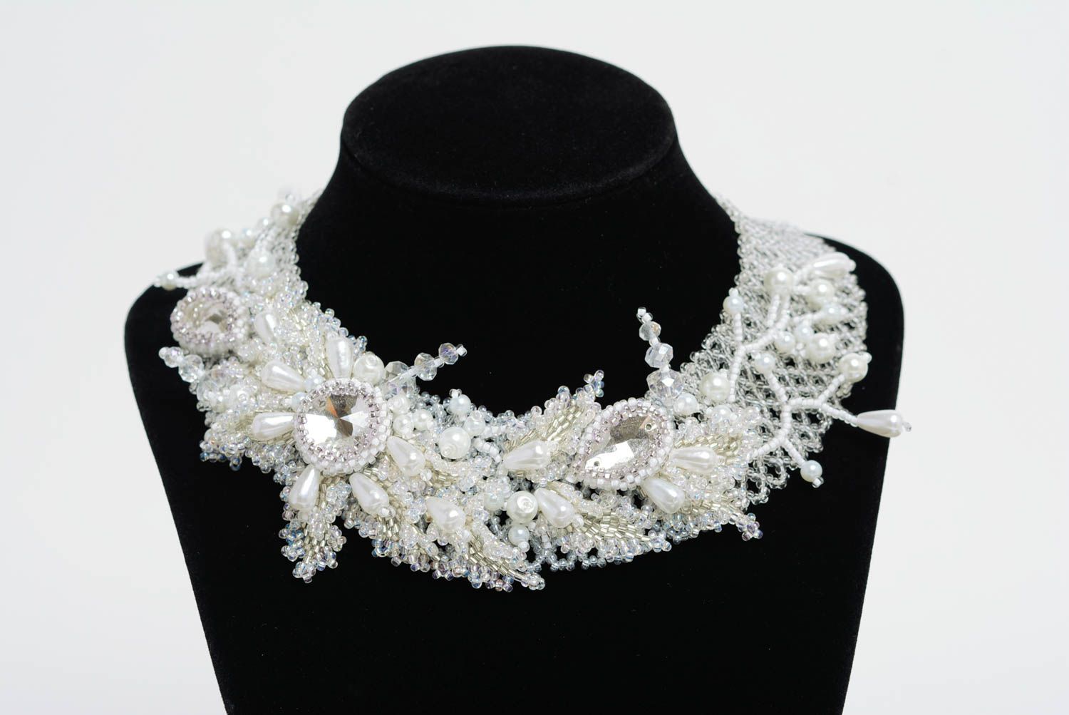 Beaded necklace handmade designer white wedding jewelry fancy accessory photo 3
