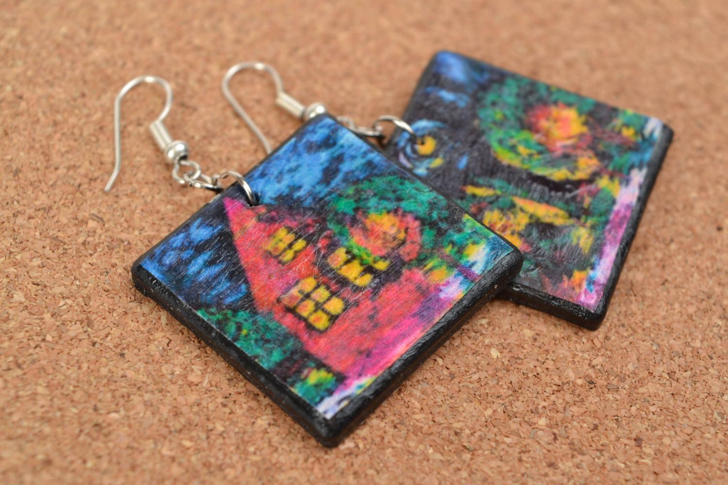 Large handmade decoupage polymer clay square earrings with hook ear wires photo 1
