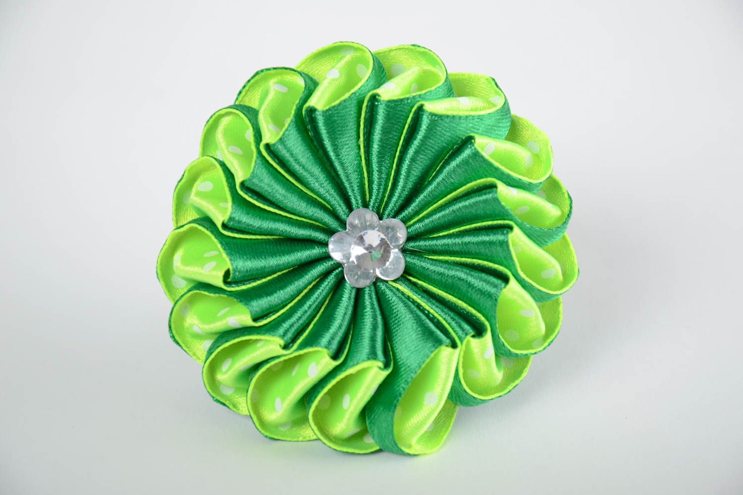 Handmade designer hair band with bright green satin ribbon kanzashi flower  photo 2