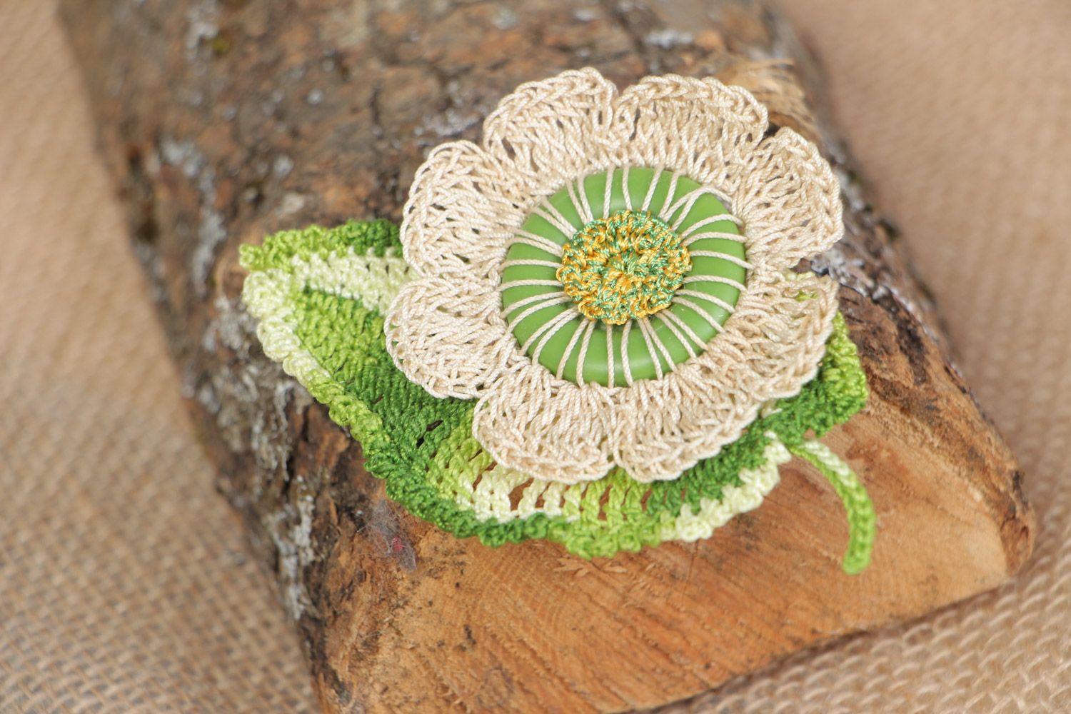 Handmade floral brooch crocheted of green and beige cotton and silk threads photo 1