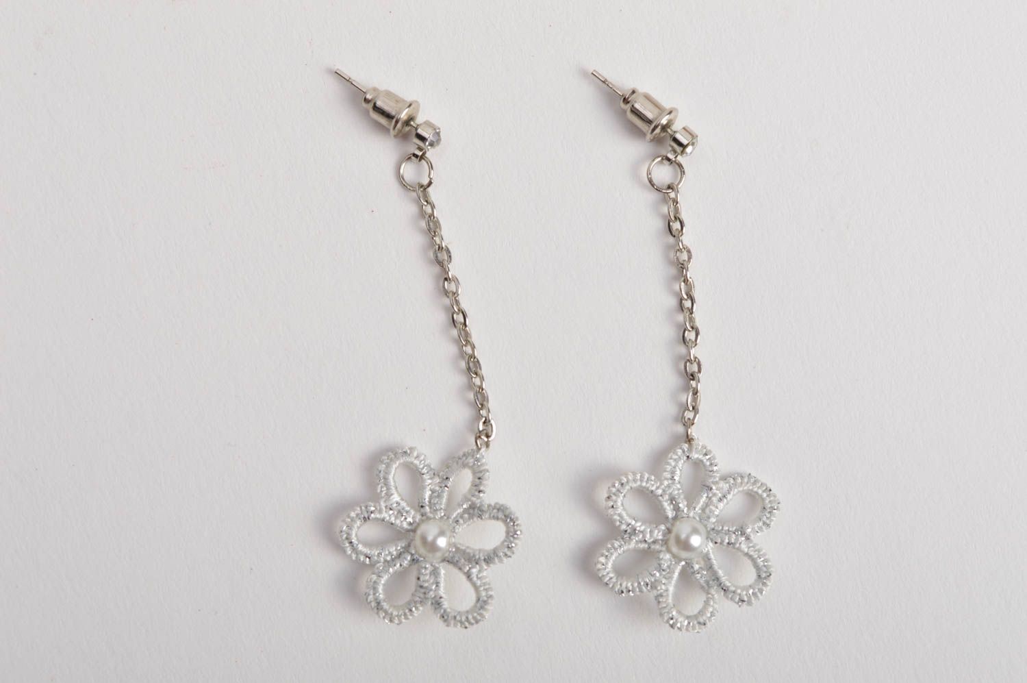 Beautiful neat white handmade designer tatting earrings with chains and flowers photo 2