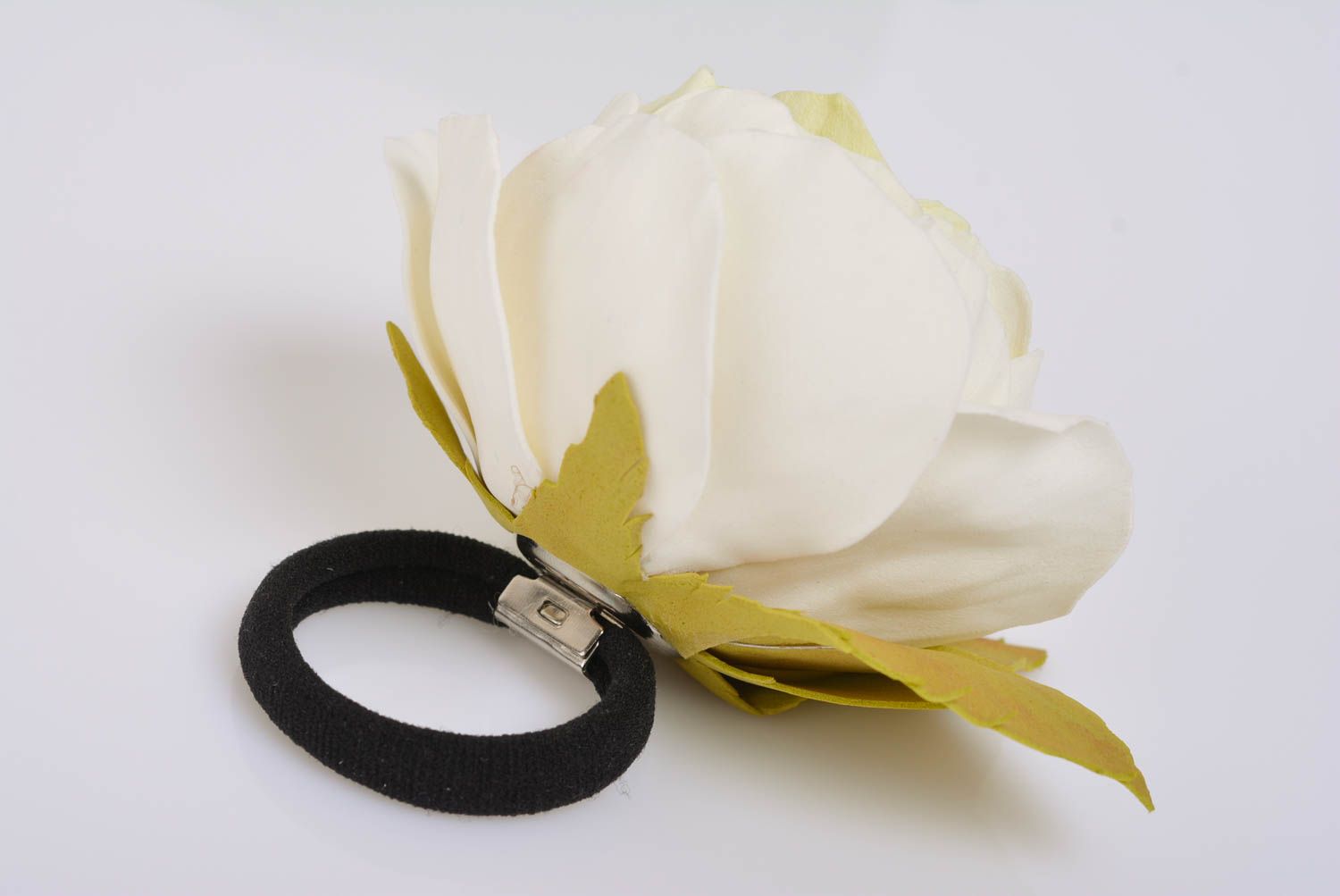 Homemade decorative hair band with volume foamiran rose flower of white color photo 4