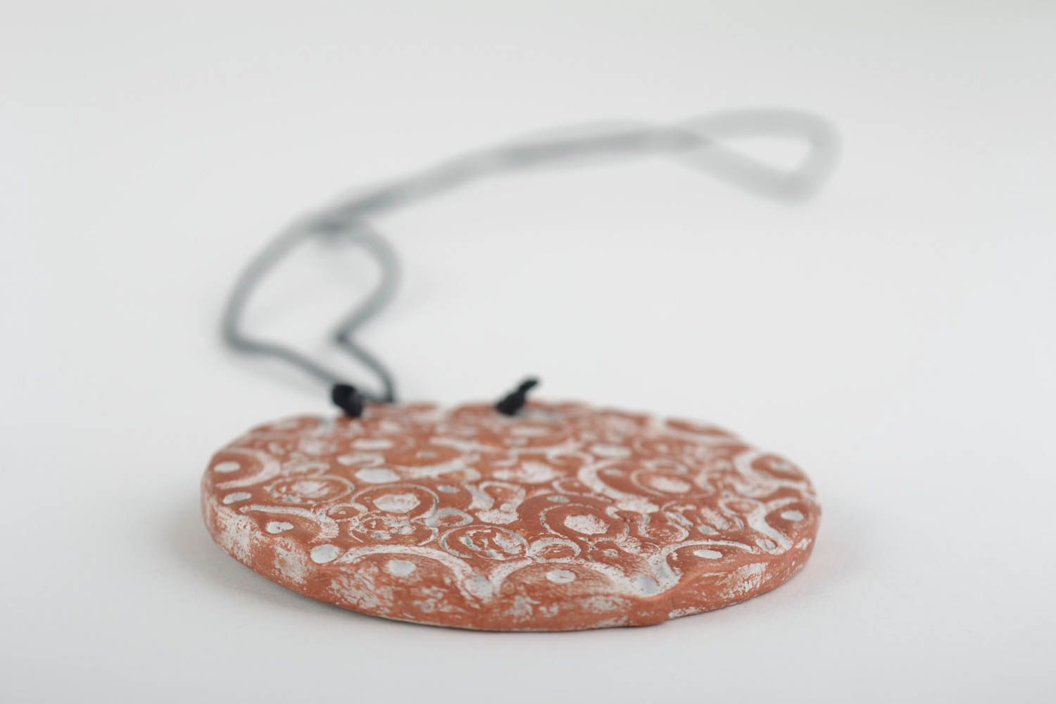 Female handmade painted unusual pendant made of red clay on lace photo 4