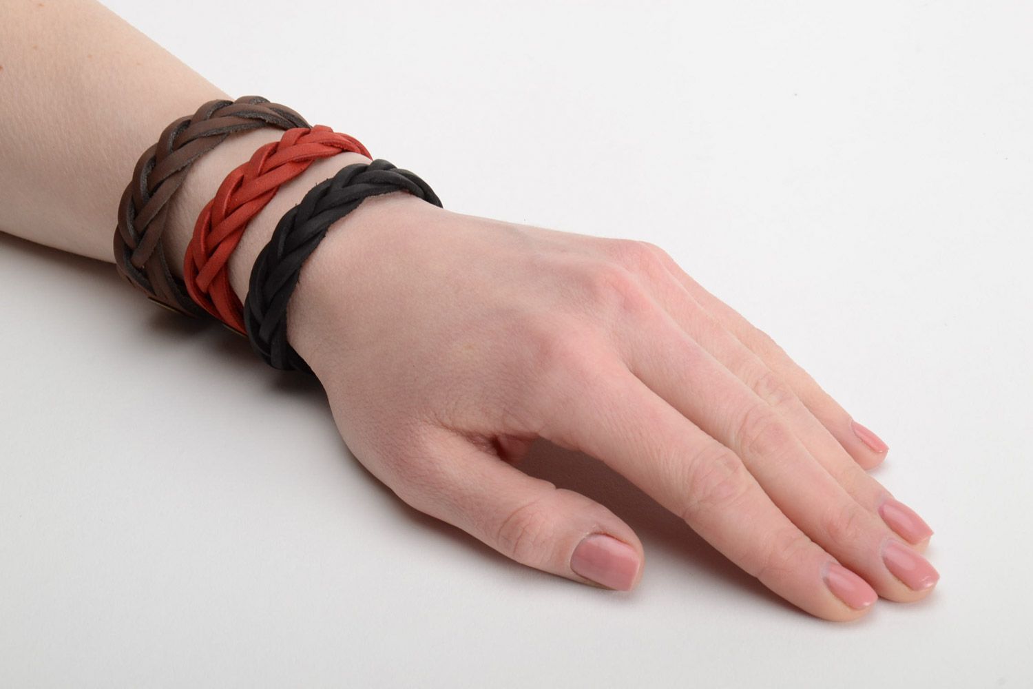 Set of three handmade wrist bracelets woven of red black and brown leather  photo 5