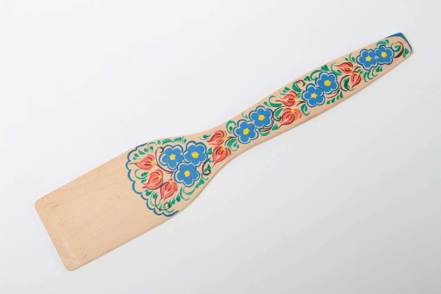 Голубая деревянная лопатка декоративная с Петриковской росписью ручной работы фото 2