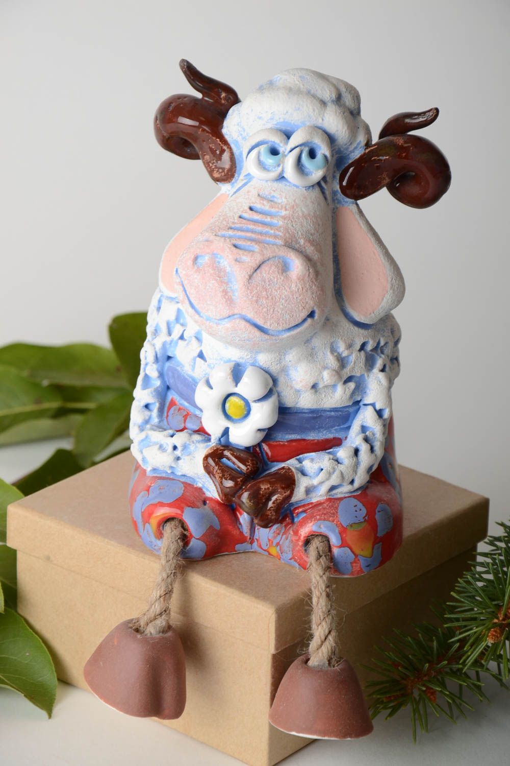 Tirelire mouton Figurine animal avec fleur en céramique Cadeau enfant original photo 1