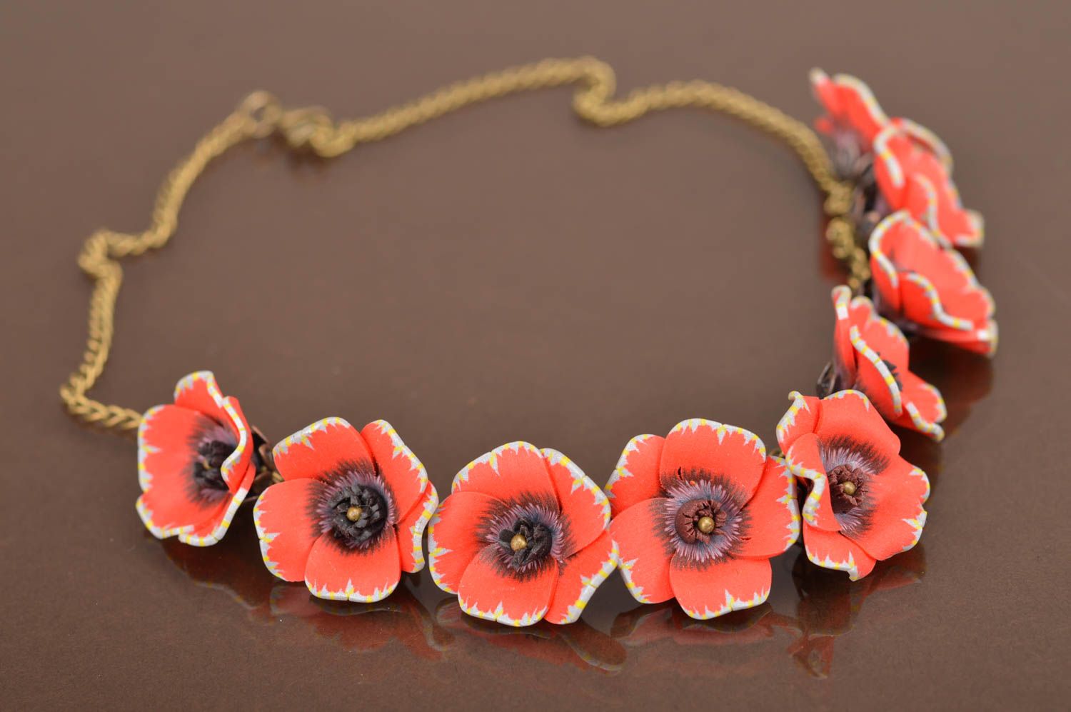 Handmade long necklace with flowers made of polymer clay on chain Red poppies photo 4