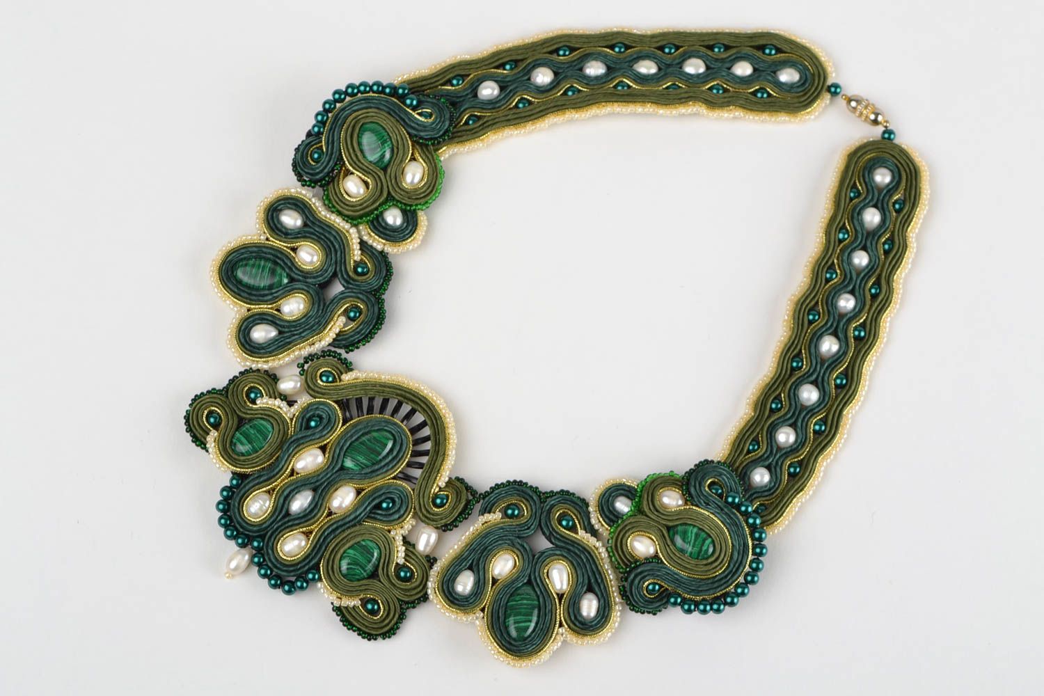 Handmade designer massive soutache necklace with natural stones and pearls photo 2