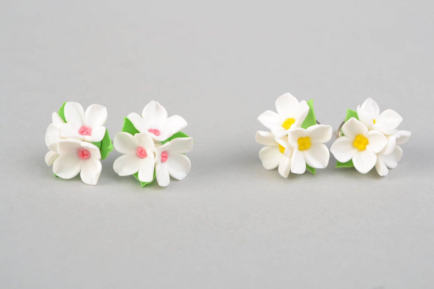 Set of 2 pairs of small handmade polymer clay stud earrings Lilies of the Valley photo 5