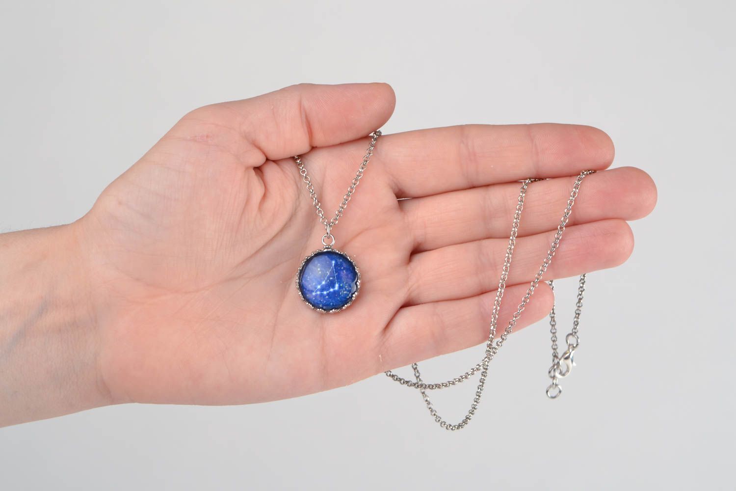 Beautiful handmade blue glass pendant with metal chain Capricorn zodiac sign photo 2